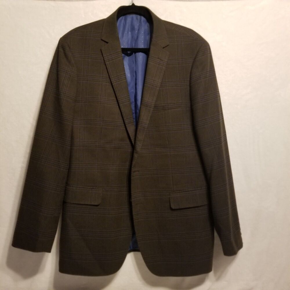 London Fog 46L Sport Coat Wool Blend 2-Button Brown Blue Plaid Career Preppy
